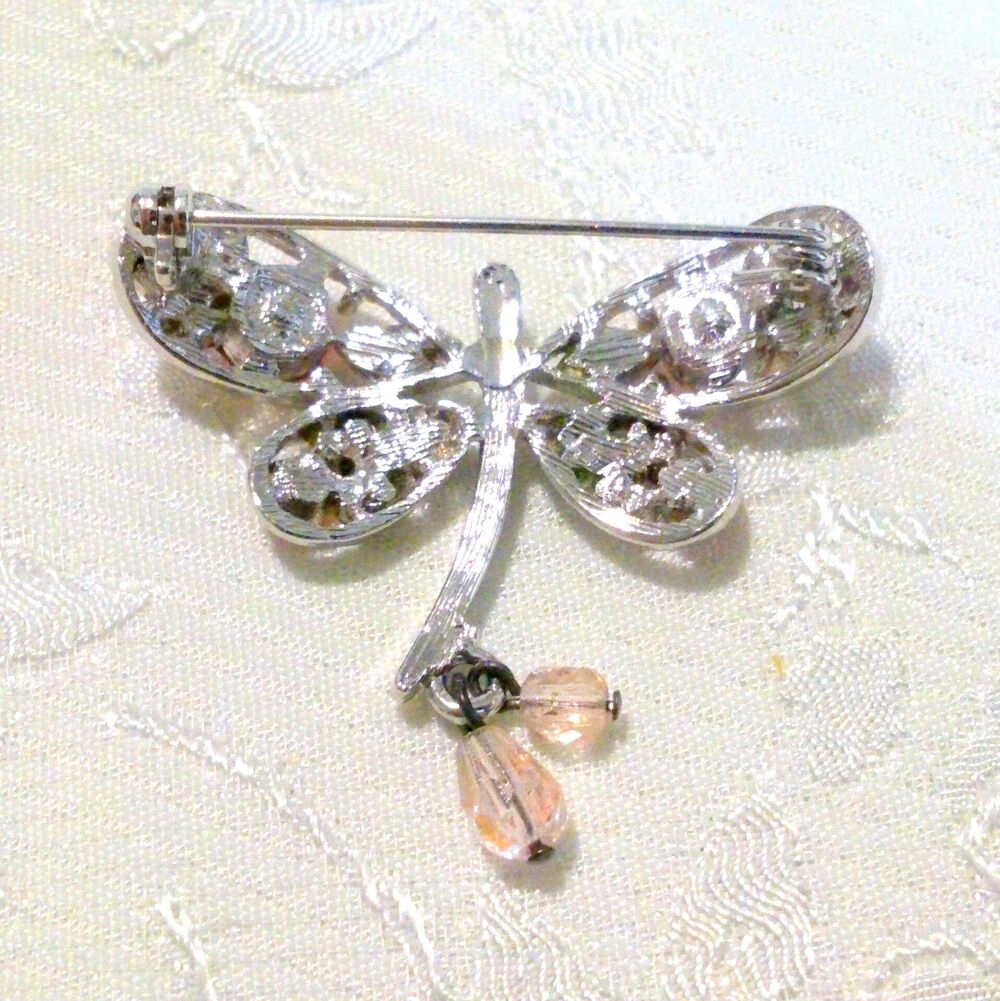 Pink Rhinestone Silver Tone Dragonfly Brooch - Picture 5 of 5